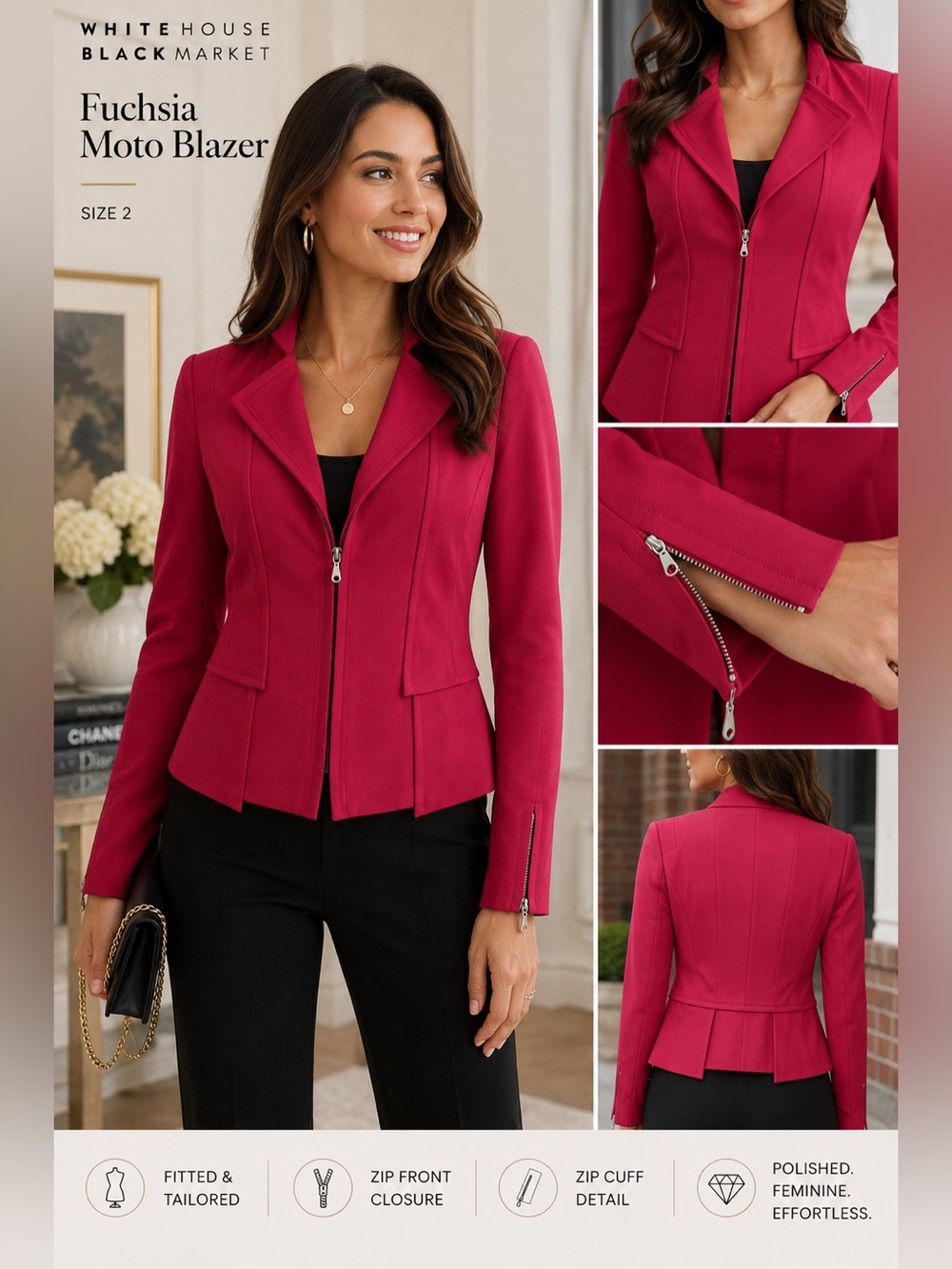 White House Black Market Pink Fuchsia Moto Blazer Jacket Size 2 Zip Cuffs